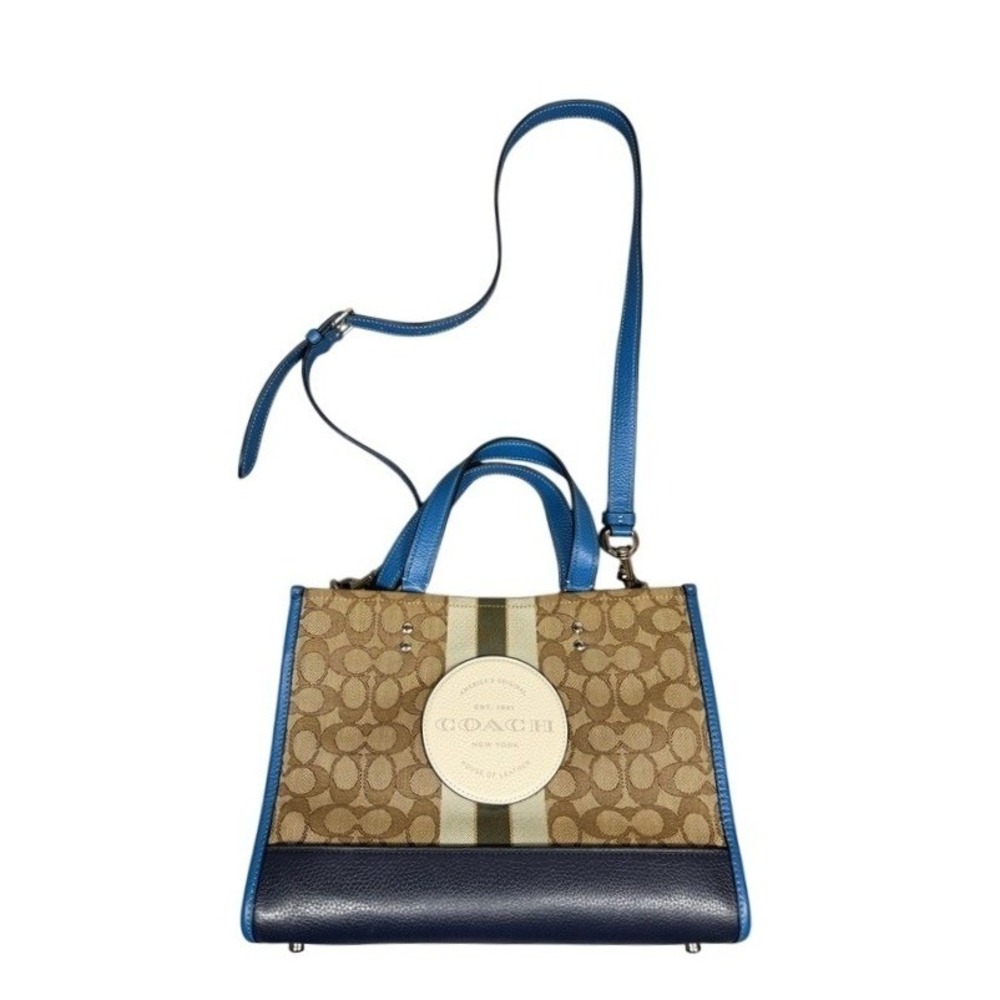 Coach Dempsey Tote 22 Signature Canvas Varsity Stripe Blue Khaki NWT